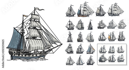 Vászonkép Vintage Sailing Ships Collection: Tall Ship Illustration and Small Sailboats