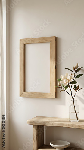 A picture frame sitting on a wooden shelf next to a potted plant. Mockup for your art project, poster, illustration or lettering Premium photo of minimalist interior scene featuring an empty horizonta