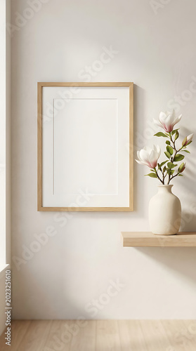 A picture frame sitting on a wooden shelf next to a potted plant. Mockup for your art project, poster, illustration or lettering Premium photo of minimalist interior scene featuring an empty horizonta