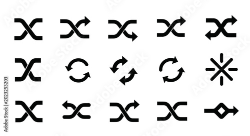 Konstfotografi Set of black shuffle, repeat, and random play music player icons on a white background