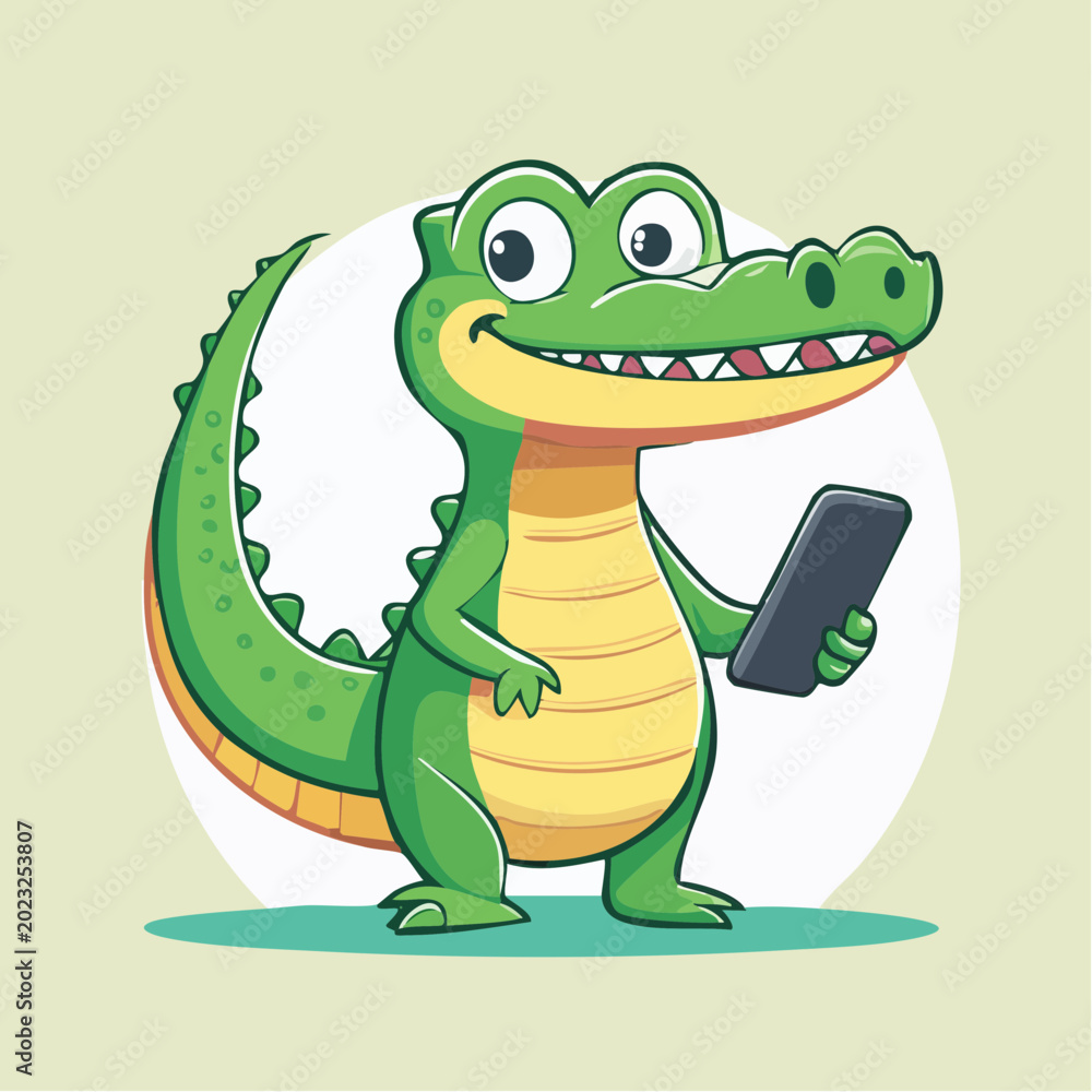 Fototapeta premium Cartoon Alligator Holding a Smartphone