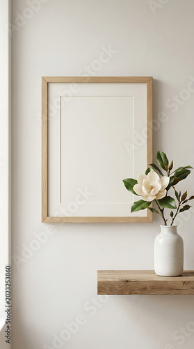 A picture frame sitting on a wooden shelf next to a potted plant. Mockup for your art project, poster, illustration or lettering Premium photo of minimalist interior scene featuring an empty horizonta