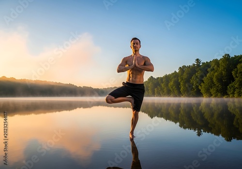 Man practicing yoga tree pose lakeside with water reflection sunrise sky