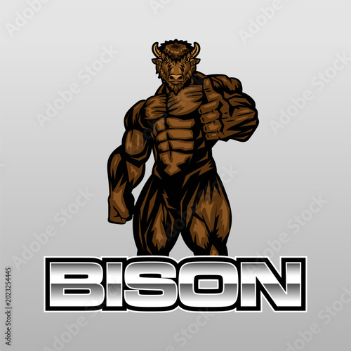 Muscular Bison Mascot with Thumbs Up Gesture