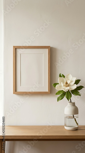 A picture frame sitting on a wooden shelf next to a potted plant. Mockup for your art project, poster, illustration or lettering Premium photo of minimalist interior scene featuring an empty horizonta