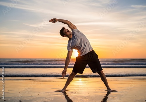 Man stretching on beach at sunset against sea and sky