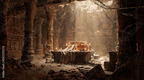 Photos Inside a derelict temple sanctuary with ancient stone pillars, spiderwebs, and lit candles at night