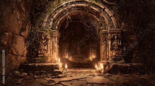 Schilderij op canvas Inside a derelict temple sanctuary with ancient stone pillars, spiderwebs, and lit candles at night