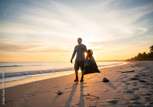 Person cleaning beach at sunset collecting waste environmental conservation