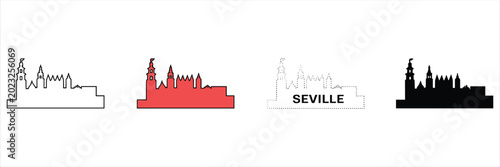Four variations of seville city skyline silhouette