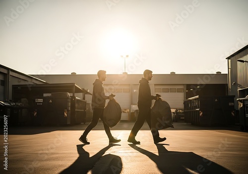 Silhouetted figures carrying bags in sunlight against a backdrop of buildings
