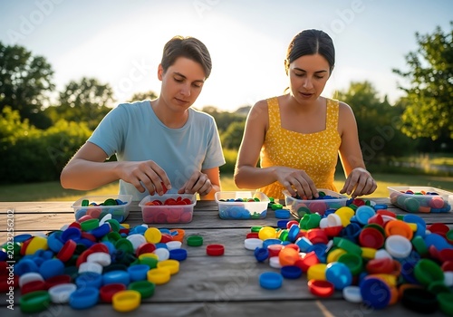 Two women sorting colorful plastic bottle caps on a wooden table outdoors
