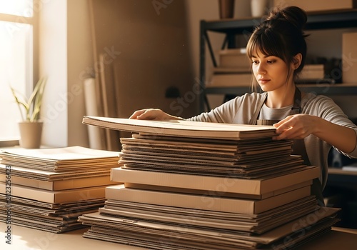 Woman arranging cardboard sheets near window in workshop studio sunlight