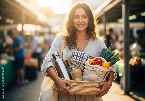 Woman at farmers market with basket of groceries smiles sunshine and sunlight