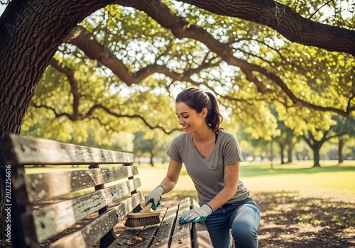 Woman cleaning park bench under tree sunlight outdoor activity