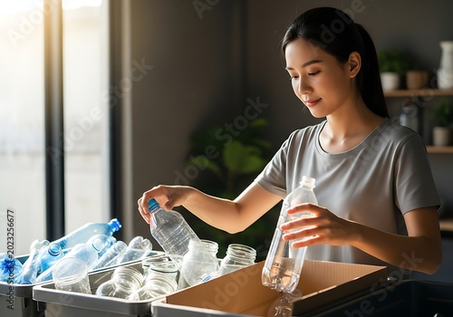 Woman sorting plastic bottles for recycling in bright interior daylight