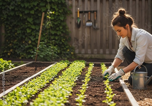 Woman tending garden rows of plants outdoors in natural sunlight
