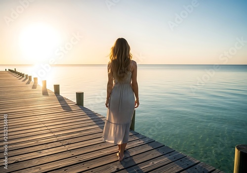 Woman walking on wooden pier towards ocean at sunrise