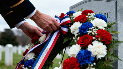 Soldier placing floral wreath on gravestone at memorial site  