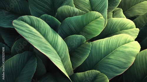 Overlapping tropical foliage displays rich textures and deep green tones.