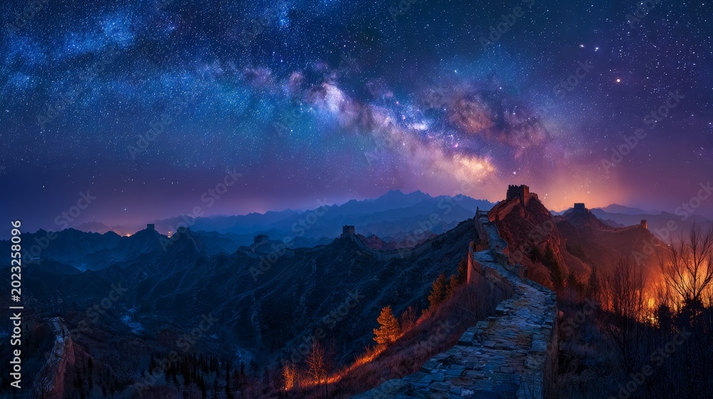 Obraz premium A breathtaking view of a starry night sky over a mountainous landscape