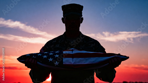 Soldier holding folded American flag at sunset silhouette  
