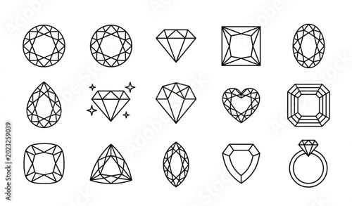 Photos Diamond shapes, gemstone cuts, and engagement ring line art icon set