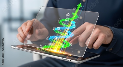 Futuristic Business Growth Chart Displayed on Transparent Tablet.