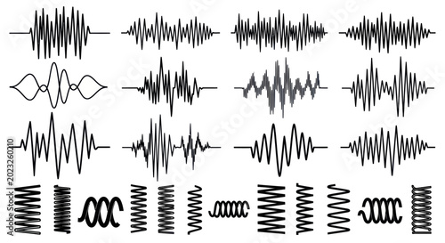 Foto Set of black sound wave icons and audio waveforms on white background