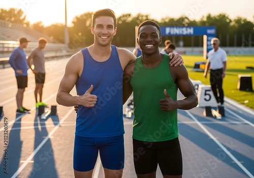 Two male athletes smiling with thumbs up at a track and field event