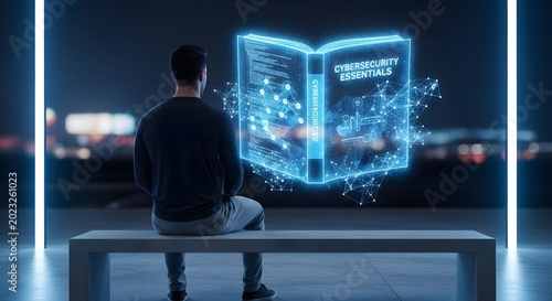 Man Interacting with Futuristic Holographic Book Display.