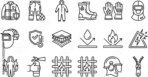 Bild auf Leinwand Firefighter Protective Clothing  Safety Gear Line Icons Set, Fire Protection Equ
