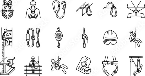 Bild auf Leinwand Construction Fall Protection and Industrial Safety Equipment Line Art Icons