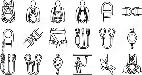 Foto Safety Harness Icons Set Black Line Art, Fall Protection Equipment Vector Graphi