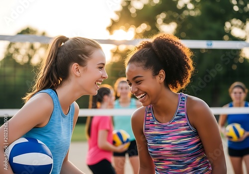 Young women laughing while enjoying volleyball outdoors on sunny day