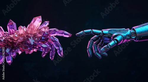 Futuristic robotic hand reaches for glowing crystal formation, symbolizing technology and nature's connection.