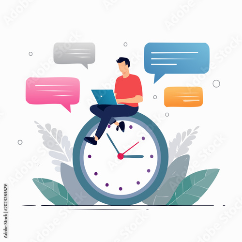Man Working on Laptop on Clock with Chat Bubbles