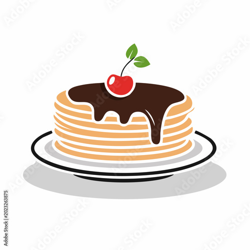 Stack of Pancakes with Chocolate Syrup and Cherry