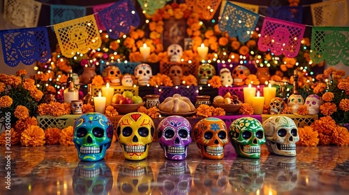 Vibrant Day of the Dead altar with colorful sugar skulls and marigolds, glowing with candles.