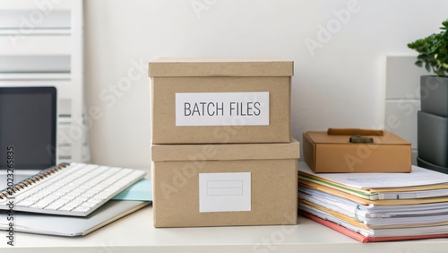 Organized Workspace with Document Storage Boxes and Stationery Supplies