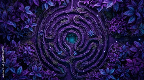 Mystical glowing labyrinth embraced by lush purple foliage, evoking a sense of wonder and discovery.