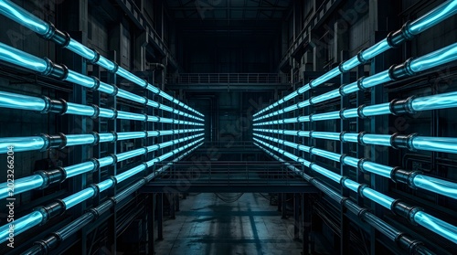Industrial pipes with blue lights in a dark factory