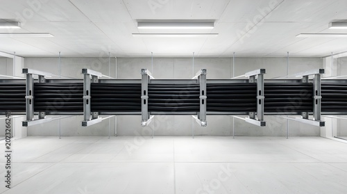 Industrial storage room with metal shelving units
