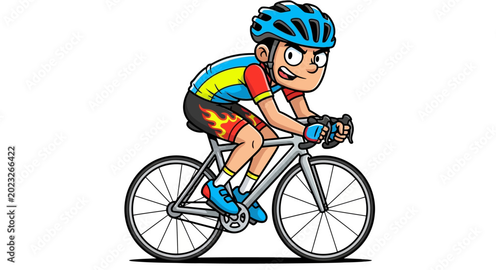 Obraz premium A cartoon boy riding a bicycle quickly.