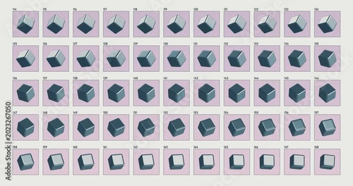 Abstract Bauhaus style motion graphic background with rotating 3d cube frames, minimalist technical grid animation with numbers, retro sci-fi seamless loop VJ overlay