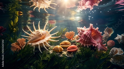 Underwater treasure trove of colorful seashells and coral bathed in sunlight.