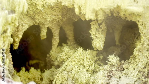 Photos acicular sulfur crystals in fumarole vent, tomohon, minahasa, north sulawesi, in