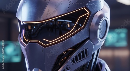 Close-up of a futuristic metallic helmet with glowing orange lines and a dark visor