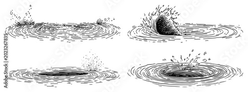 Fotografia Water ripples and whirlpools with liquid splashes in detailed engraving style