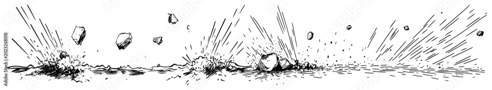 Obraz premium Powerful rock explosion with flying debris and impact effect in hand drawn style